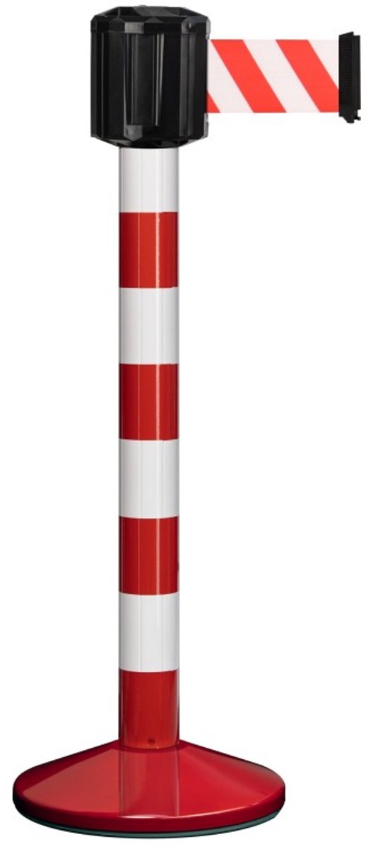 Premium Buiten Poteau met gewichtsbasis & 10 m veiligheidskoord – Aluminium – Rood/Wit – 3-riemsysteem – Anti-paniek rem – Waterdicht